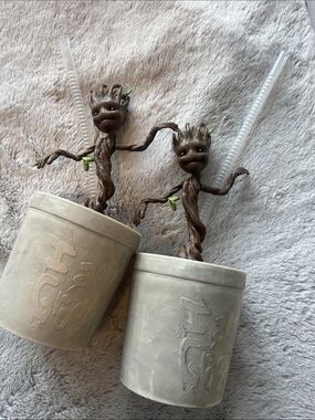 Pair of Disney Parks Groot Tumblers with straws Marvel Collector Travel Kids